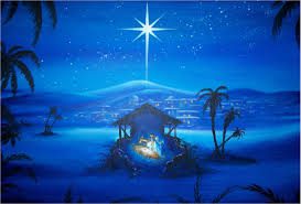 A painting of the nativity scene with a star above.