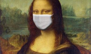 A painting of mona lisa wearing a mask.